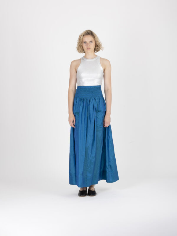 salvia-blue-green-tafta-silk-skirt-maxi-relaxed-smocked-mesdemoiselles-matchboxathens