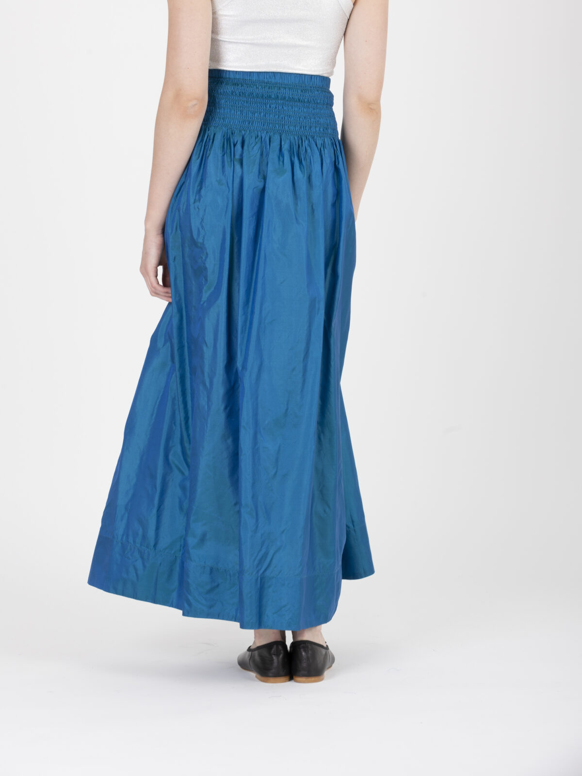 salvia-blue-green-tafta-silk-skirt-maxi-relaxed-smocked-mesdemoiselles-matchboxathens