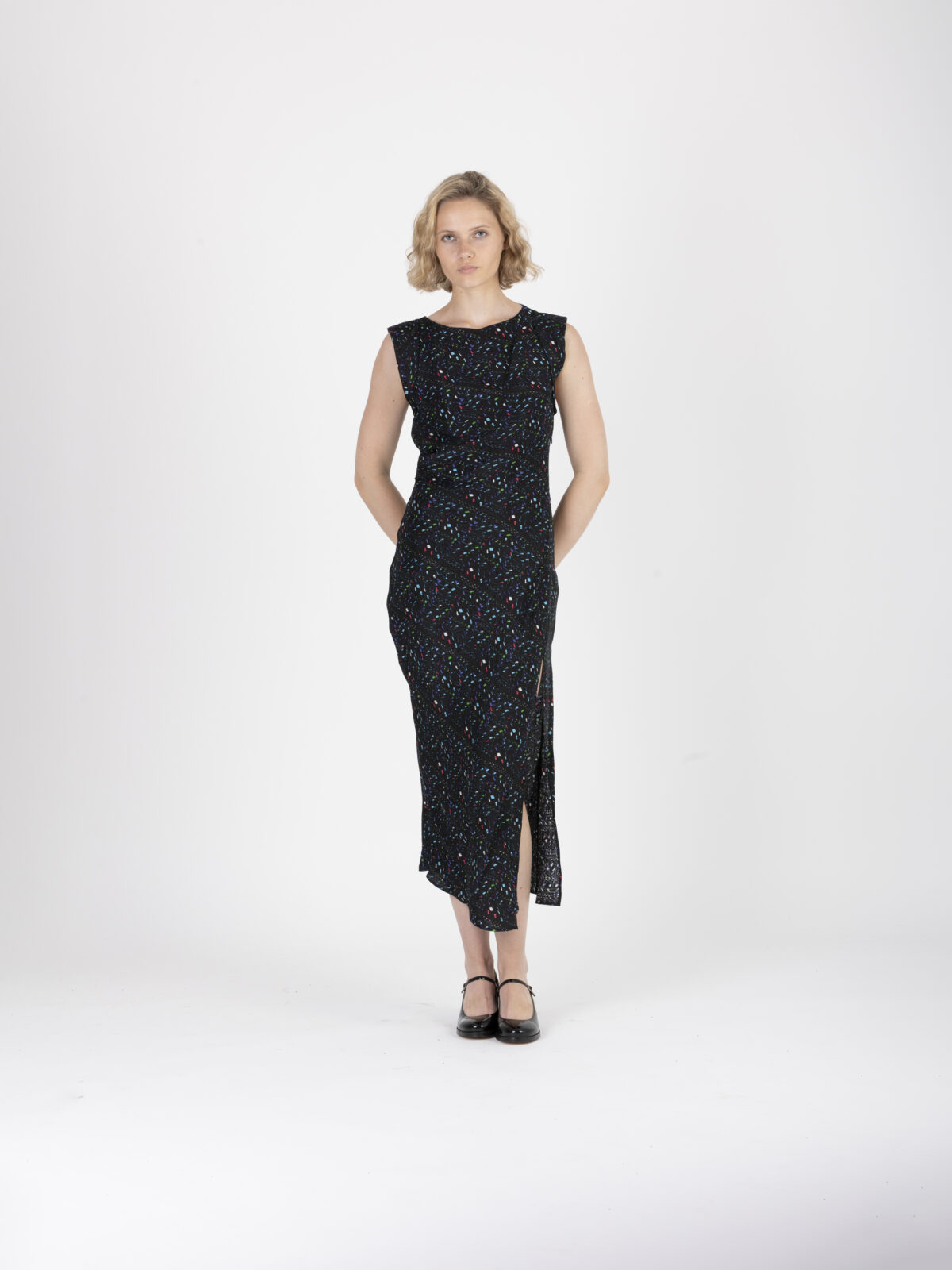 rachelie-dress-iro-silk-printed-black-draped-slit-matchboxathens