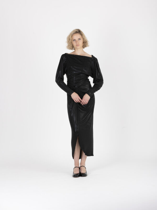 rachelie-shine-black-dress-draped-waist-slit-iro-matchboxathens