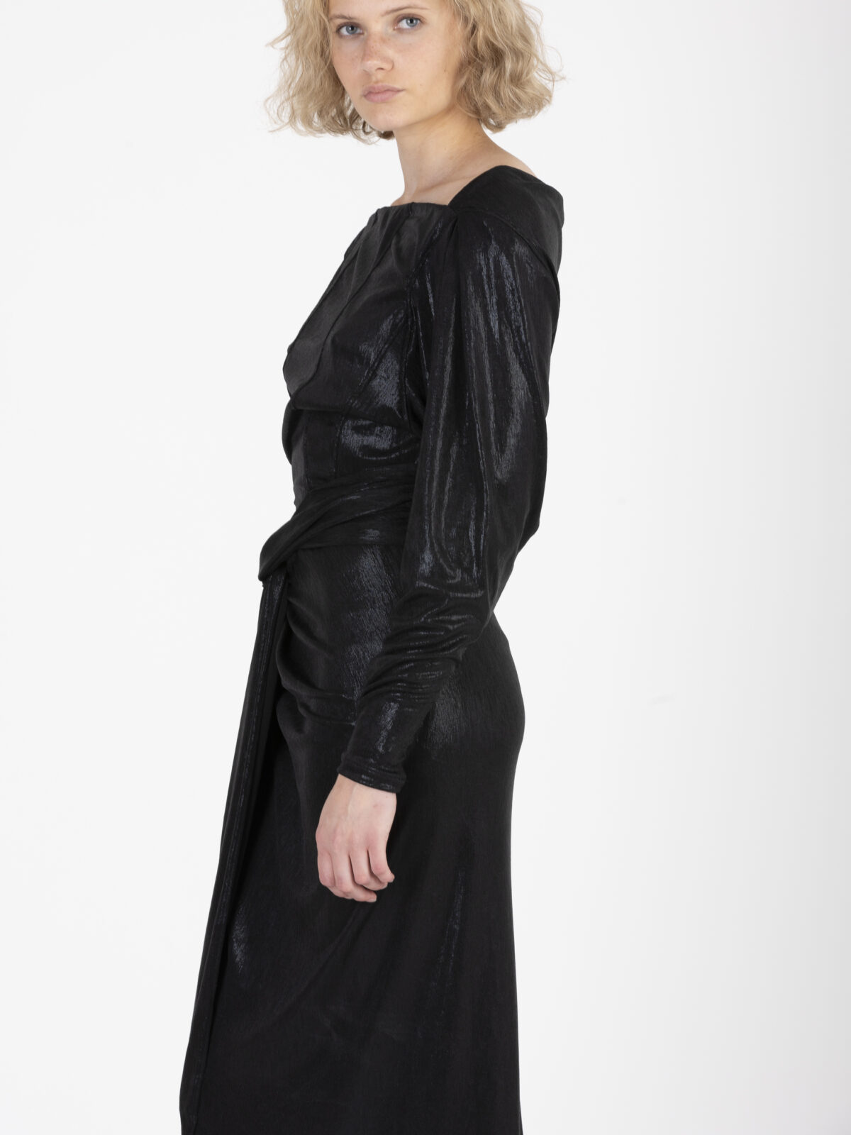 rachelie-shine-black-dress-draped-waist-slit-iro-matchboxathens