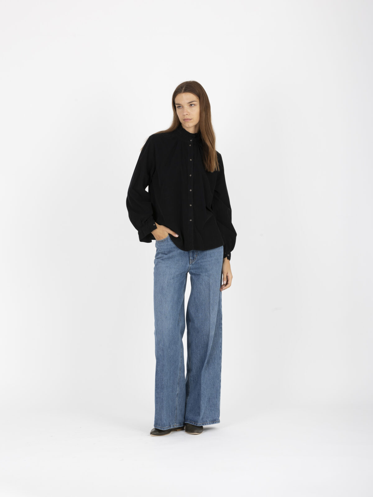 soline-shirt-black-corduroy-frill-neck-loose-sacrecoeur-matchboxathens