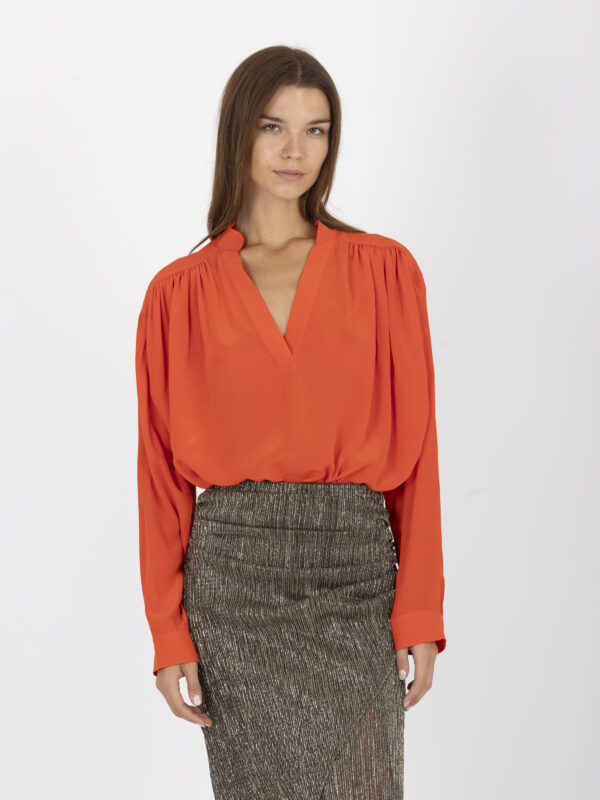 calvin-red-silk-blouse-vneck-gathered-blouse-loose-vanessa-bruno-matchboxathens