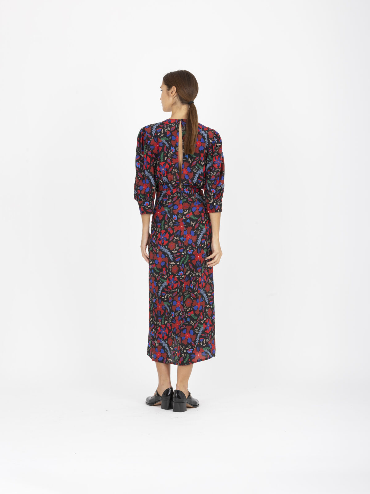 cecil-red-dress-viscose-printed-ruched-puffly-sleeves-uniforme-greek-designers-matchboxathens