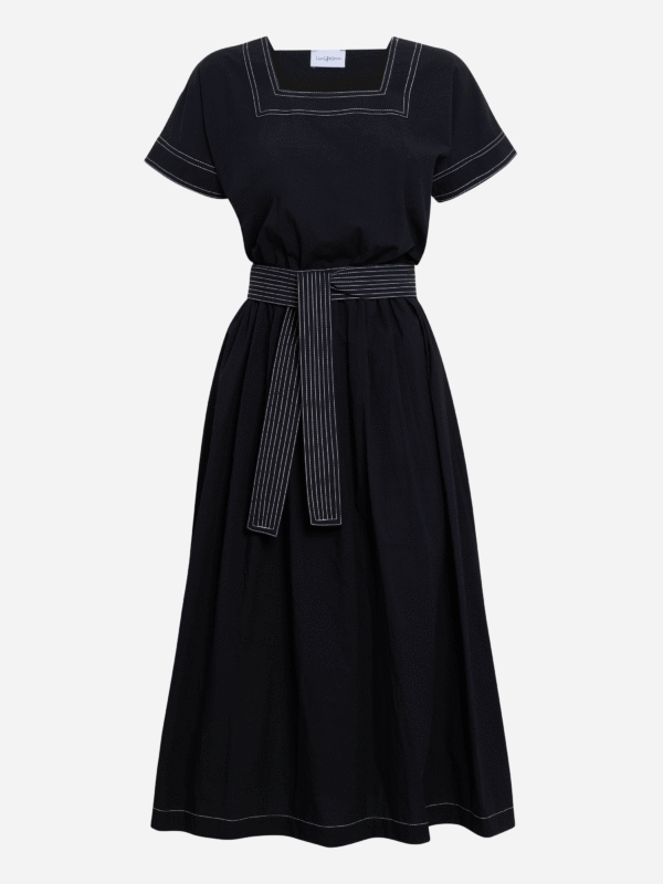 arriane-black-cotton-dress-midi-white-stitching-belt-sqauare-neck-uniforme-athens-matchboxathens