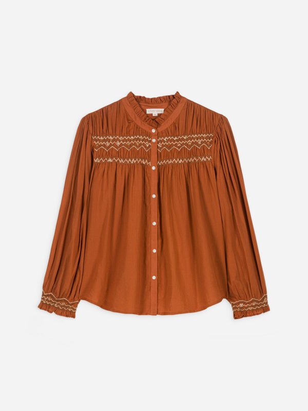 LOUISA-BLOUSE---Nuts-caramel-embroidered-sequins-smocked-frilled-cotton-louise-misha-matchboxathens