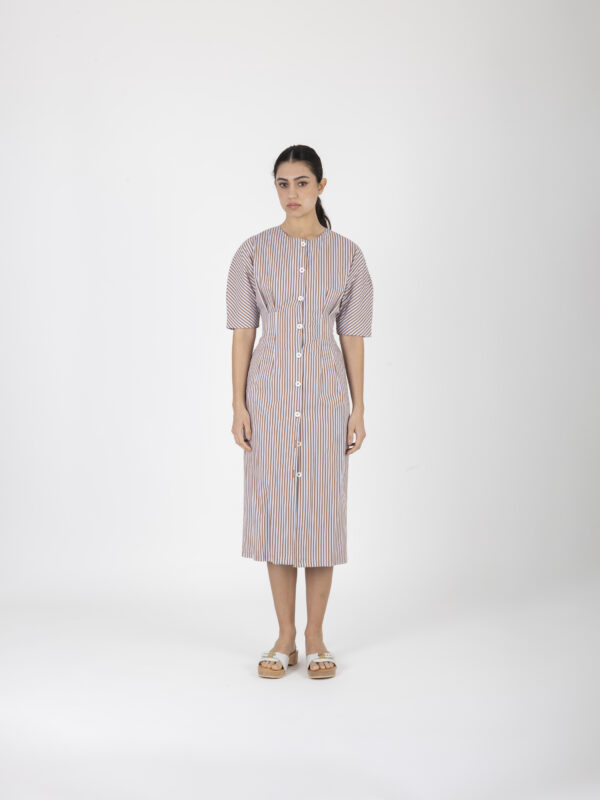 elodie-cotton-dress-brown-striped-dress-midi-raglan-buttons-uniforme-athens-matchboxathens