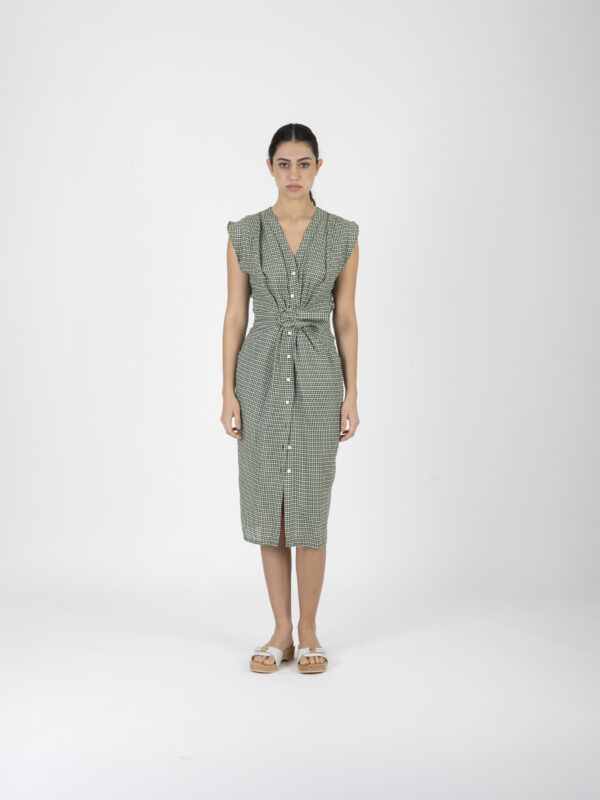 laila-green-checked-dress-midi-belt-exxagerated-shoulders-uniforme-athens-matchboxathens