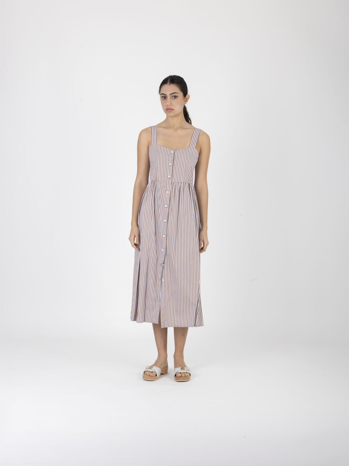 amelia-brown -striped-poplin-dress-cotton-uniforme-buttons-wide-straps-athens-matchboxathens