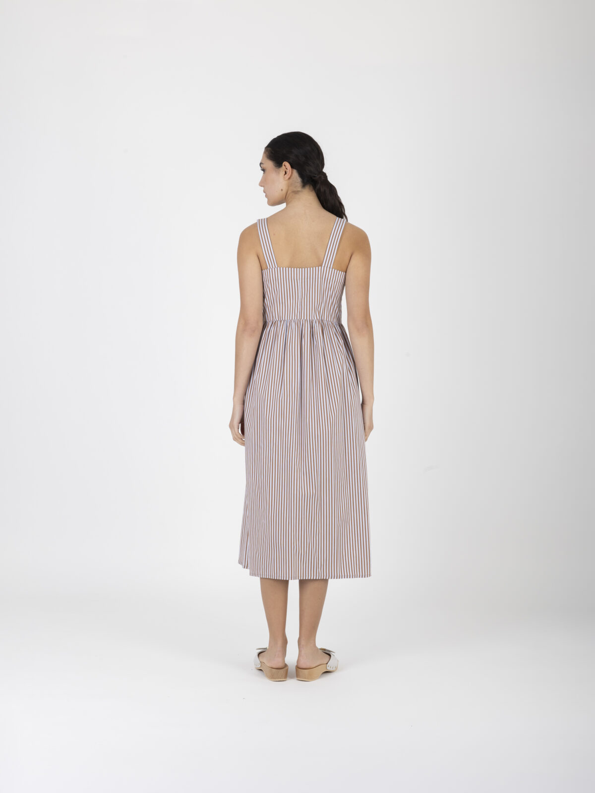 amelia-brown -striped-poplin-dress-cotton-uniforme-buttons-wide-straps-athens-matchboxathens